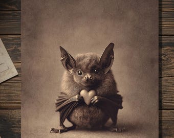 Vintage Victorian Bat Holding Heart Love Card Gothic Valentine Anniversary Art Antique Style Photography Blank Inside