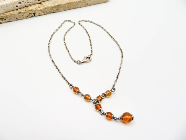 Vintage Sterling Silver Amber Bead Station Y Drop Choker Necklace PP58