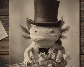 Axolotl In Top Hat Holding Flowers Gothic Victorian Animal Greeting Card Weird Valentine Love Card Gothic Humor