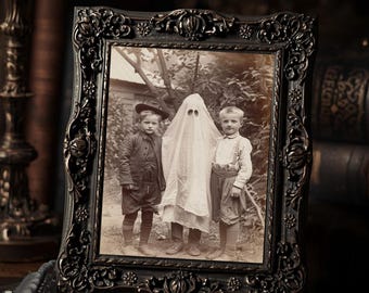 Vintage Kids With Ghost Costume Halloween Wall Art Print  Antique Spooky Photograph Old Costume Decor