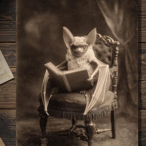 May include: Sepia-toned image of a bat reading a book while seated in an ornate chair. The bat has large ears and is holding the book open with its wings. The chair has a detailed wooden frame and a fringed seat. The overall aesthetic is vintage and whimsical.