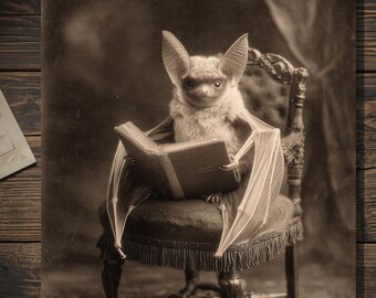 Victorian Bat Reading Book Greeting Card Antique Style Sepia Gothic Bat Card