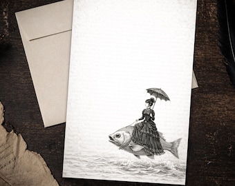 Gothic Victorian Woman Riding Fish Stationery 5.5 x 8.5 Letter Writing Paper Surreal Dark Academia Set