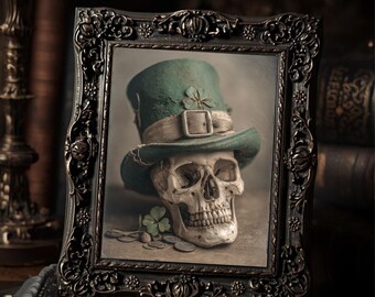 Vintage Gothic St Patrick’s Day Skull Print Victorian Style Leprechaun Hat Dark Luck Wall Art