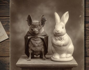 Vintage Victorian Bat and Bunny Easter Card Gothic Antique Style Blank Inside