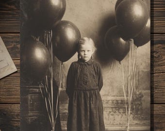 Vintage Victorian Girl with Black Balloons Birthday Card Gothic Macabre Art Antique Style Photography Blank Inside