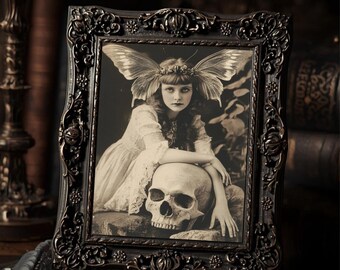 Creepy Fairy With Skull Gothic Wall Art Print  Sepia Dark Fantasy Photograph Eerie Vintage Fairy Decor
