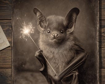 Vintage Victorian Bat Sparkler Card Gothic Fourth of July Art Antique Style Photography Blank Inside