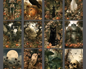 Vintage Halloween Blank Notecard Set of 12 Gothic Autumn Woodland Victorian Greeting Cards Spooky Stationery