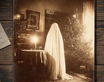 Vintage Victorian Sheet Ghost Christmas Tree Card Gothic Holiday Art Antique Style Photography Blank Inside