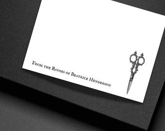 Personalized Antique Scissors Note Cards Gothic Victorian Stationery Set Custom Flat Cards with Envelopes
