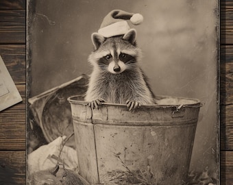 Vintage Victorian Christmas Raccoon Santa Hat Holiday Card Cute Winter Animal Greeting