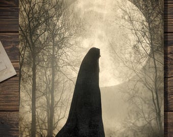 Cloaked Figure Under Full Moon Greeting Card Gothic Dark Fantasy Sepia Night Forest Art Blank Inside