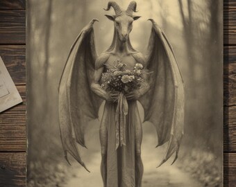 Vintage Victorian Jersey Devil Flower Bouquet Card Gothic Cryptid Romance Antique Style Photography Blank Inside