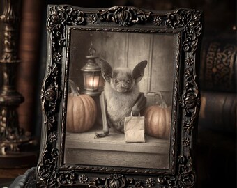 Vintage Victorian Trick or Treat Bat Halloween Wall Print Gothic Antique Style Photography