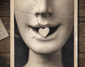 Vintage Victorian Cracked Statue with Heart Valentine Card Gothic Antique Surreal Cabinet Photo Blank Inside