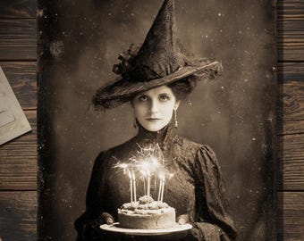 Vintage Victorian Witch Holding Birthday Cake Card Gothic Macabre Antique Style Photography Blank Inside