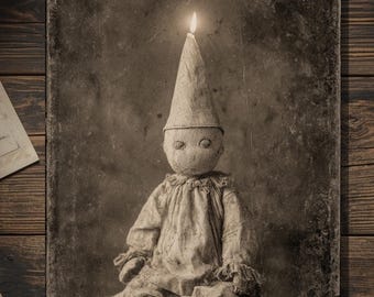 Vintage Victorian Creepy Doll with Lit Candle Hat Birthday Card Gothic Macabre Art Antique Style Photography Blank Inside