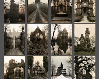 Vintage Haunted House Blank Halloween Notecard Set of 12 Victorian Gothic Mansion Greeting Cards Spooky Stationery