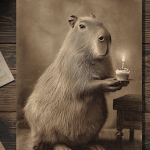 May include: Sepia-toned print of a capybara holding a cupcake with a lit candle. The capybara is the central focus, with detailed fur and a gentle expression. A small table is to the right. The image has a vintage, nostalgic feel.