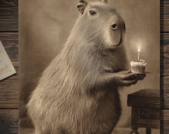 Victorian Capybara Holding Birthday Cupcake Funny Gothic Animal Greeting Card