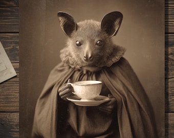 Victorian Bat With Teacup Greeting Card Antique Style Sepia Bat Portrait Gothic Card