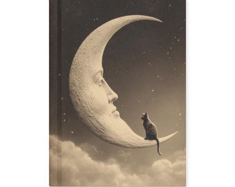 Crescent Moon Face Black Cat Gothic Notebook Celestial Night Sky Victorian Journal