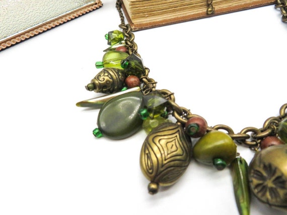 Retro Chunky Antiqued Gold Tone Green Brown Charm… - image 2