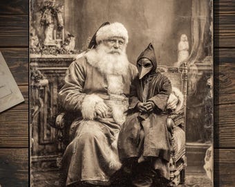 Vintage Victorian Santa with Plague Doctor Child Christmas Card Gothic Holiday Art Antique Style Photography Blank Inside