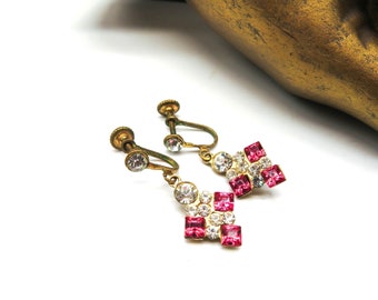 Vintage Pink White Rhinestone Antiqued Gold Tone Dangle Screw Back Earrings FF5