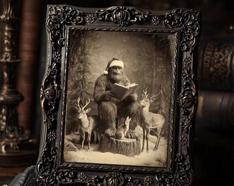 Vintage Victorian Bigfoot Reading Woodland Animals Christmas Winter Forest Wall Art Print