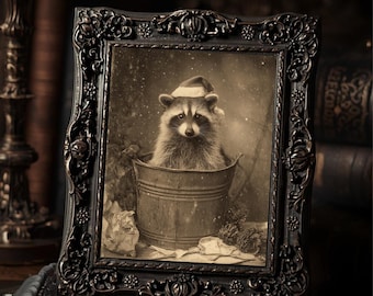 Vintage Victorian Christmas Raccoon Santa Hat Winter Holiday Animal Wall Art Print