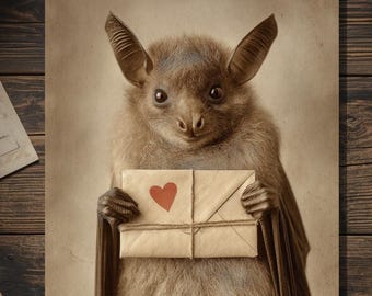 Vintage Victorian Bat Holding Love Letter Card Gothic Valentine Love Art Antique Style Photography Blank Inside
