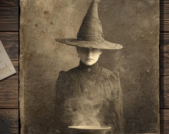 Victorian Witch Portrait Halloween Greeting Card Gothic Cabinet Card Style Vintage Witchcraft Occult Card Blank Inside