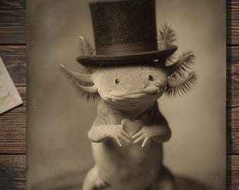 Axolotl In Top Hat Holding Heart Victorian Animal Greeting Card Weird Valentine Love Card Gothic Cabinet Card