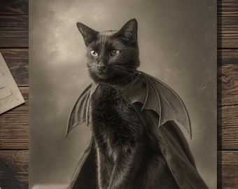 Vintage Victorian Bat Wing Vampire Black Cat Halloween Card Gothic Macabre Witchy Familiar Antique Style Photography Blank Inside