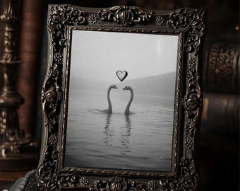 Vintage Victorian Loch Ness Monster Love Gothic Cryptid Heart Black and White Antique Style Wall Art  Print