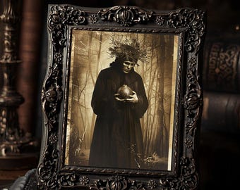 Gothic Winter Spirit  Art Print Dark Forest Skull Figure Creepy Holiday Wall Art Sepia Victorian Spooky Photography