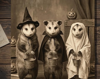 Vintage Victorian Opossum Trick or Treat Halloween Card Witch Vampire Ghost Antique Style Photography Blank Inside