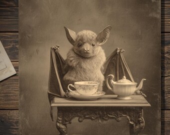 Victorian Bat Tea Time Greeting Card Antique Style Sepia Bat Portrait Gothic Animal Card
