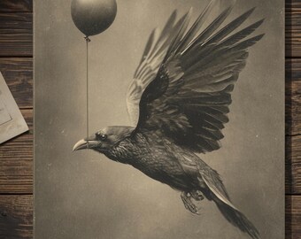 Victorian Gothic Raven Birthday Greeting Card Dark Antique Crow With Balloon