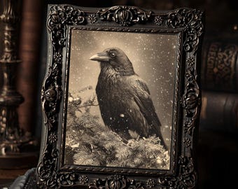 Gothic Raven In Snow Winter Art Print  Dark Crow Antique Style Macabre Gothic Wall Decor