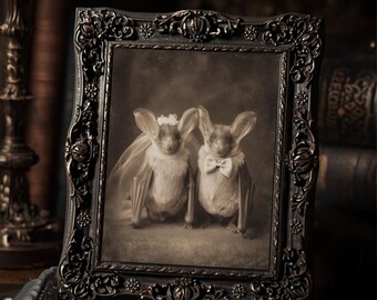 Victorian Bat Bride and Groom Print Gothic Romantic Wall Art Antique Style Photography
