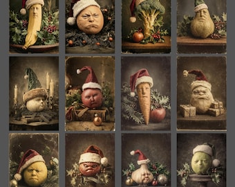Christmas Vegetable Notecard Set of 12 Funny Holiday Stationery Vintage Anthropomorphic  Greeting Cards