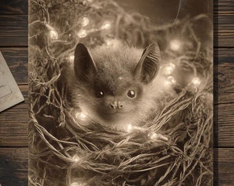 Vintage Victorian Bat in Christmas Lights Nest Card Gothic Holiday Art Antique Style Photography Blank Inside