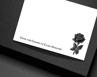 Personalized Black Rose Note Cards Gothic Victorian Stationery Set Custom Flat Cards with Envelopes