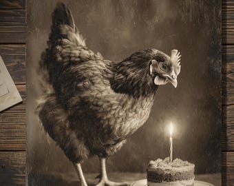 Vintage Gothic Chicken Birthday Card Hen With Cake Victorian Style Photo Blank Inside