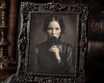 Gothic Woman With Black Rose Art Print Dark Romantic Victorian Style Vintage Portrait Wall Art