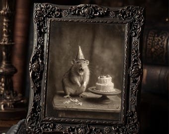 Vintage Angry Rat With Birthday Cake Print Gothic Animal Dark Humor Wall Art