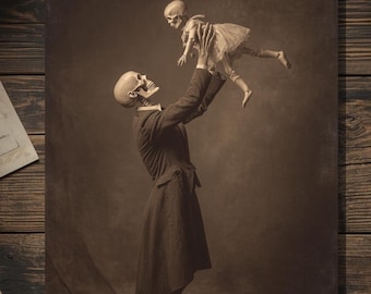 Vintage Victorian Skeleton Father Daughter Father's Day Card Gothic Macabre Antique Style Photography Blank Inside